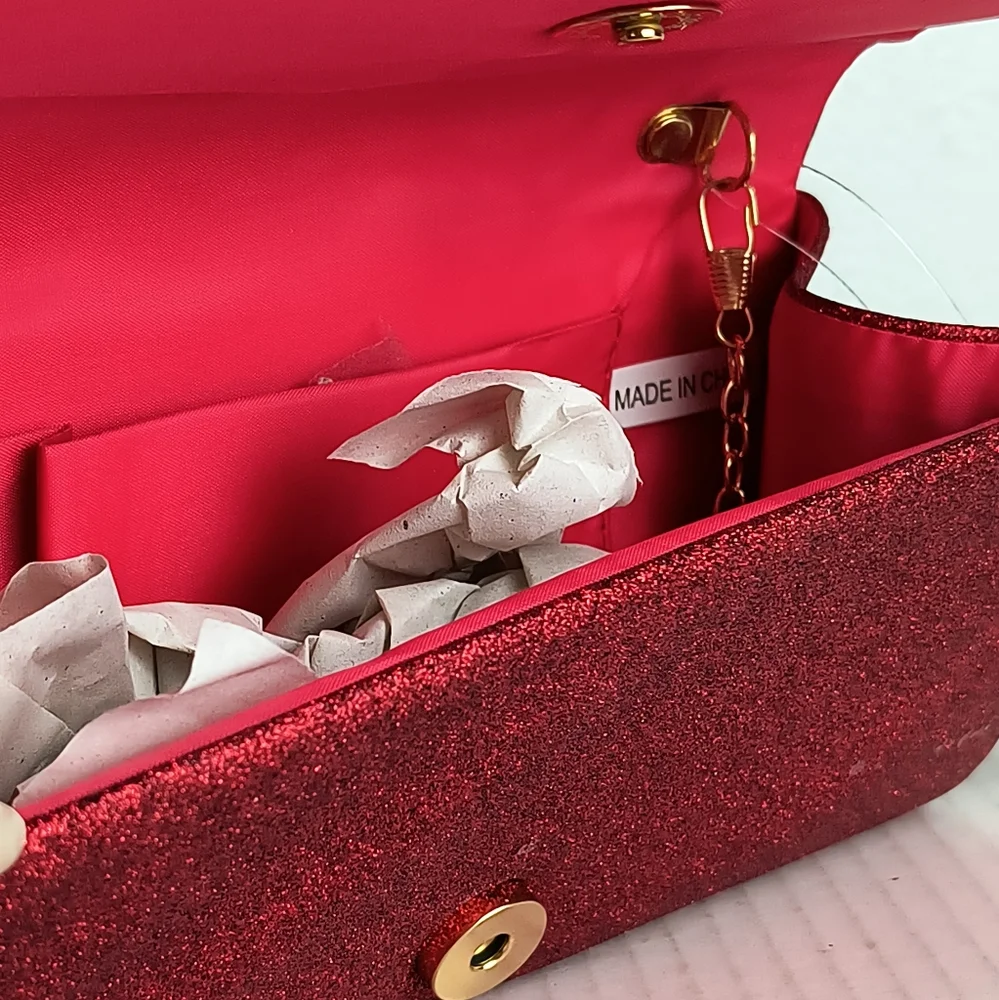 Shimmer Red Vampire Satin Evening Clutch Bag Snap Closure Glitter Red Rhinestone
